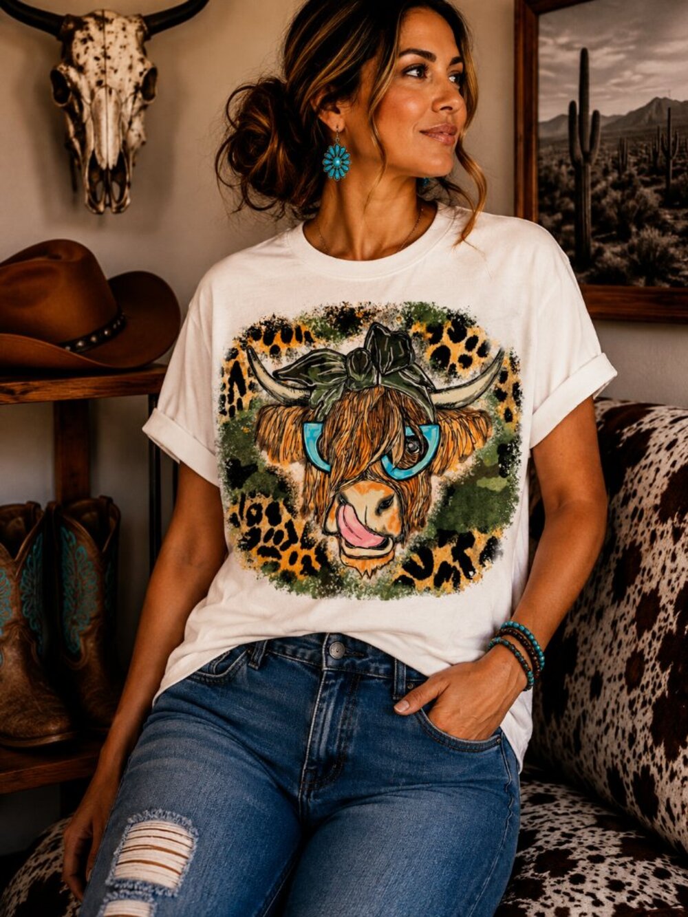 Camo Highland Cow Western Graphic T Shirt Trendy Boutique Style Tee Womens White